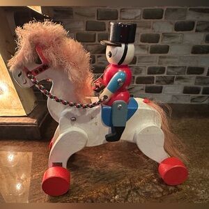 1950-60's Vintage Wooden Pull Toy White Horse with Soldier, Good Condition